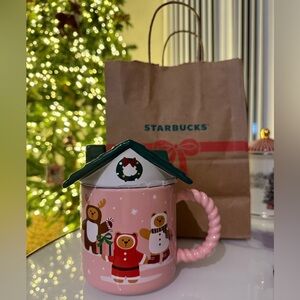 Starbucks 2025 Holiday Pink Bear Mug w/ Green Roof Lid – Limited Edition